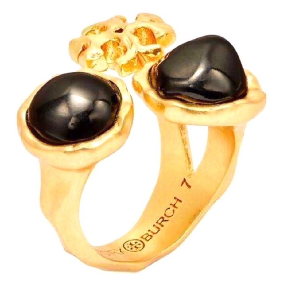 ❌PRIZE DROP ❌NWT TORI BURCH /BLACK ROXANNE LOGO GOLD/BLACK STONE RING.